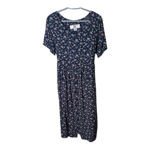 Maggie Lawrence Vintage Floral Navy Short Sleeve Maxi Dress Button Front Size Lg